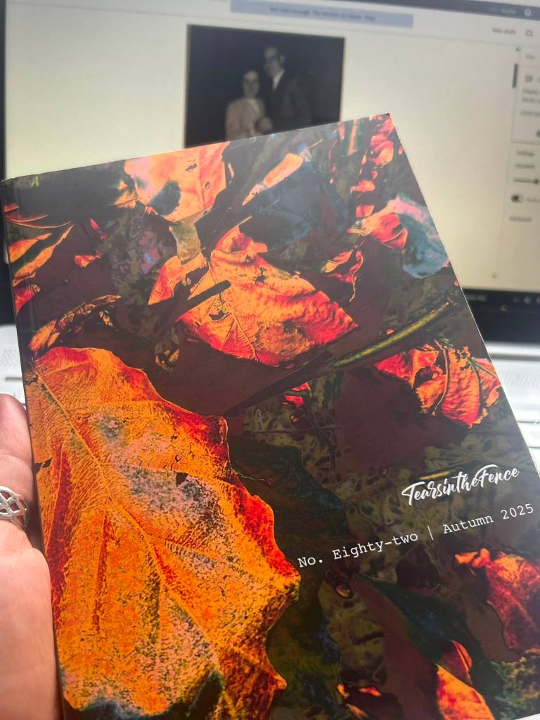 A copy of Tears in the Fence, Issue 82, Autumn 2025, held in front of a laptop showing an old black-and-white family photograph. This is the issue in which The Record Keeps Skipping was first published.